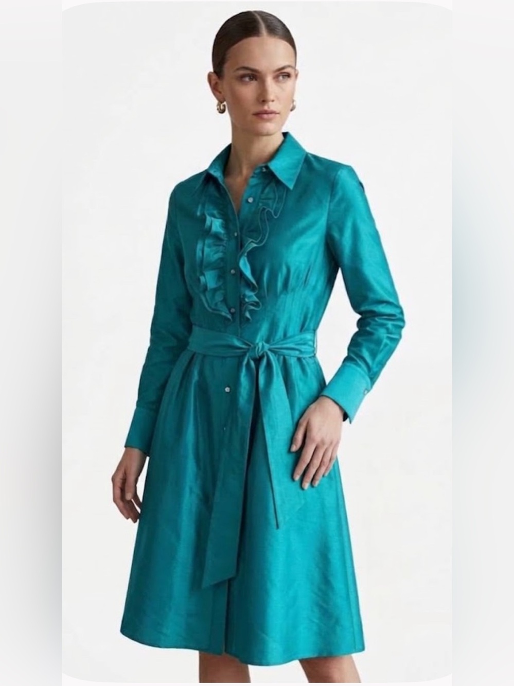 Sara Campbell Teal Blue 100% Silk Ruffle-Front Teal Long Sleeve Shirt Dress